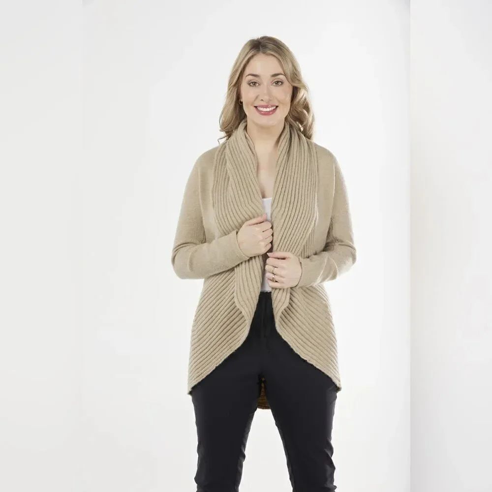 5/48 Womens 100% Arylic Cozy Ribbed Cardigan in Tan Size Medium